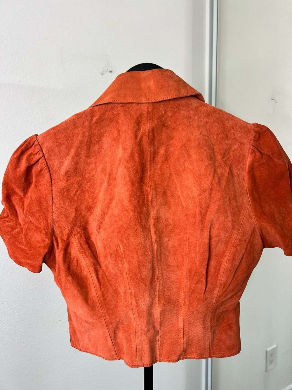 Y2k Mobwife Orange Suede Cropped Short Sleeve Blazer Jacket, Leopard Lining, Siz - Picture 2 of 10